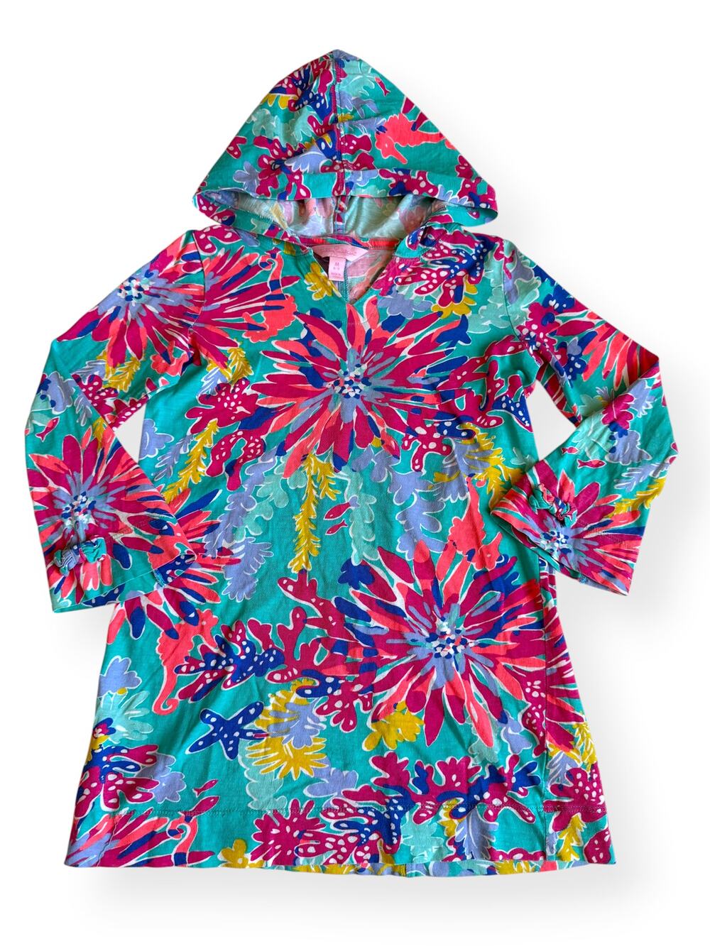 Lilly Pulitzer Girls Medium 6-7 Teal Floral Hooded Swim Cover-Up 100% Cotton